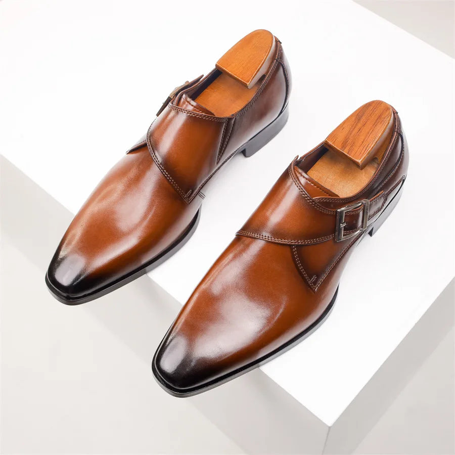 Monk-Strap-Schuh Mandelkappe Schnallendetail Braun – Balvon