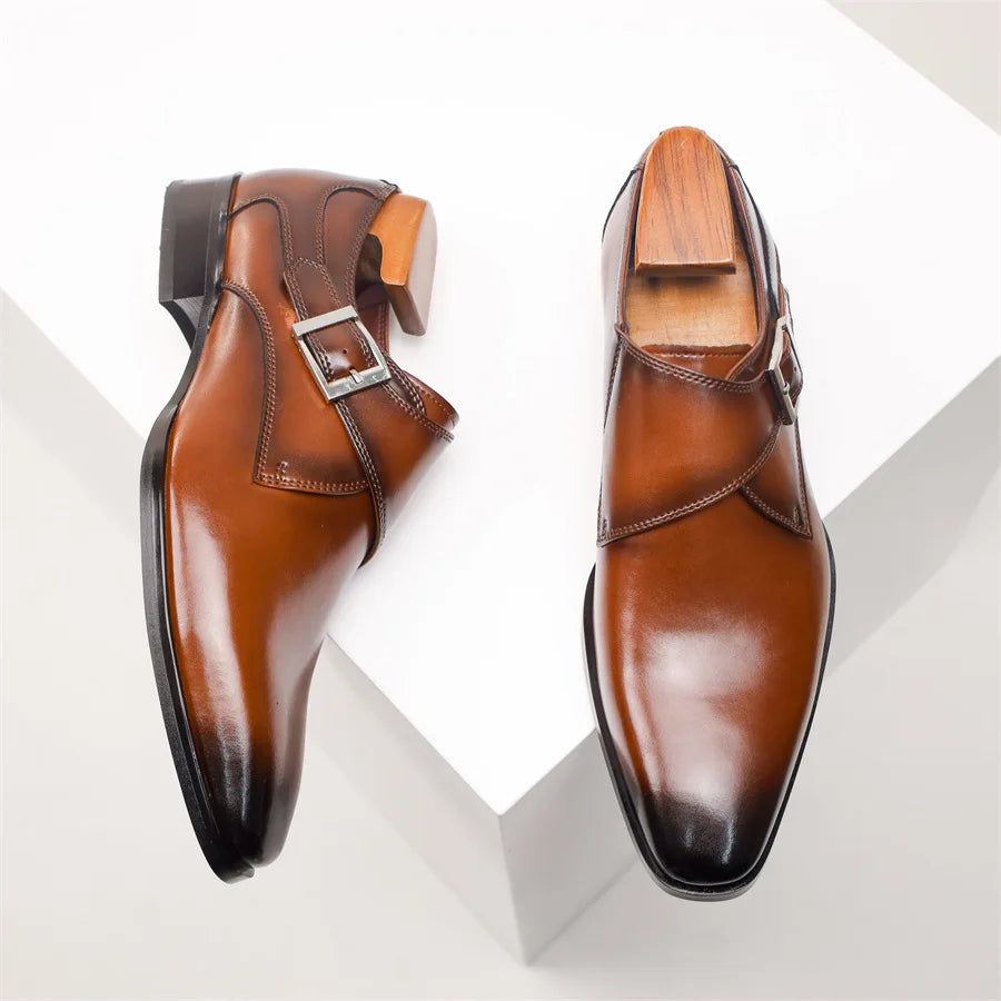 Monk-Strap-Schuh Mandelkappe Schnallendetail Braun – Balvon