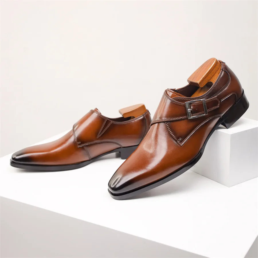 Monk-Strap-Schuh Mandelkappe Schnallendetail Braun – Balvon