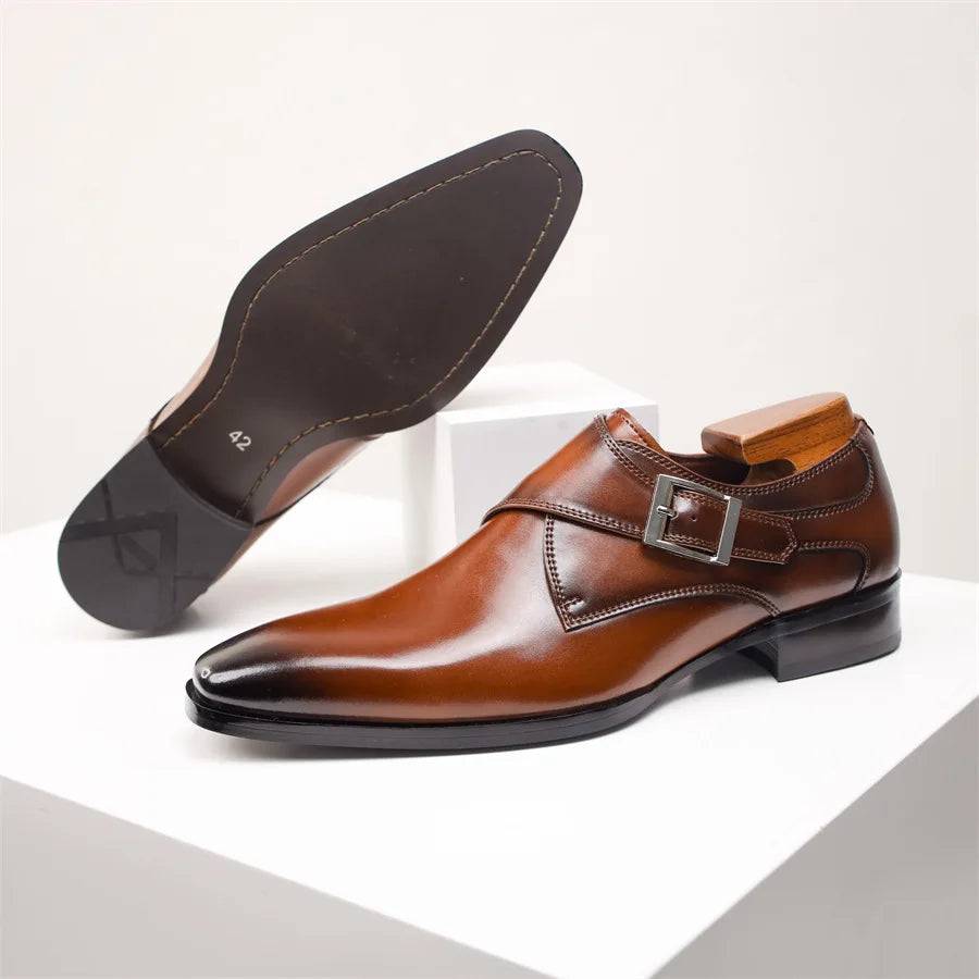 Monk-Strap-Schuh Mandelkappe Schnallendetail Braun – Balvon
