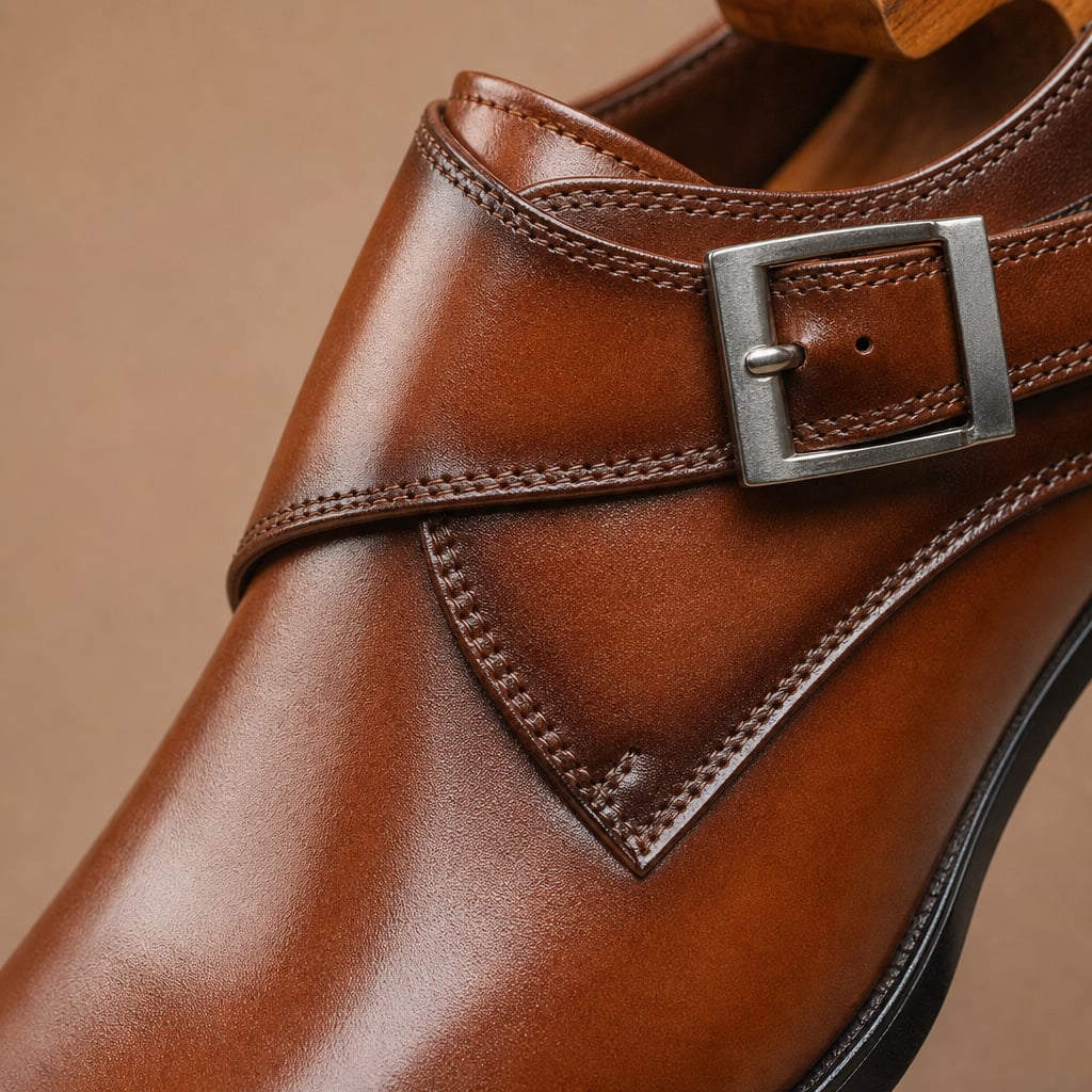 Monk-Strap-Schuh Mandelkappe Schnallendetail Braun – Balvon