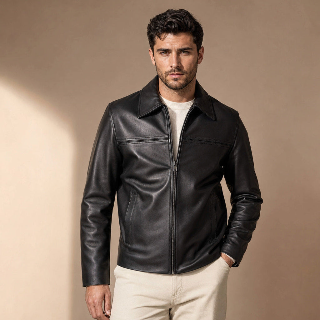 Schwarze Lederjacke aus Lammleder mit durchgehendem Reißverschluss
