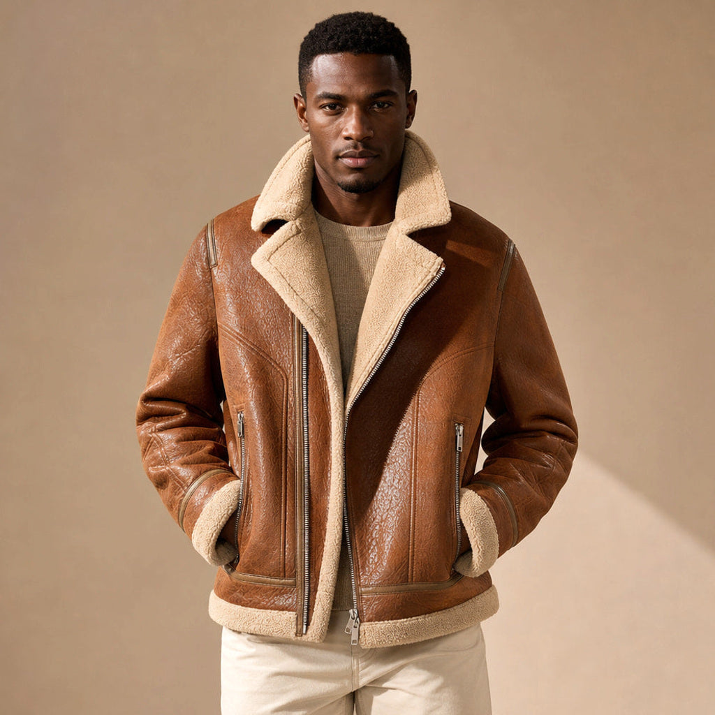 Fliegerjacke in Cognac mit Teddyfutter und hohem Kragen, Frontansicht