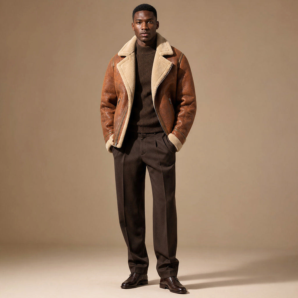 Mann trägt Fliegerjacke in Cognac mit aufgestelltem Fellkragen über Strickpullover