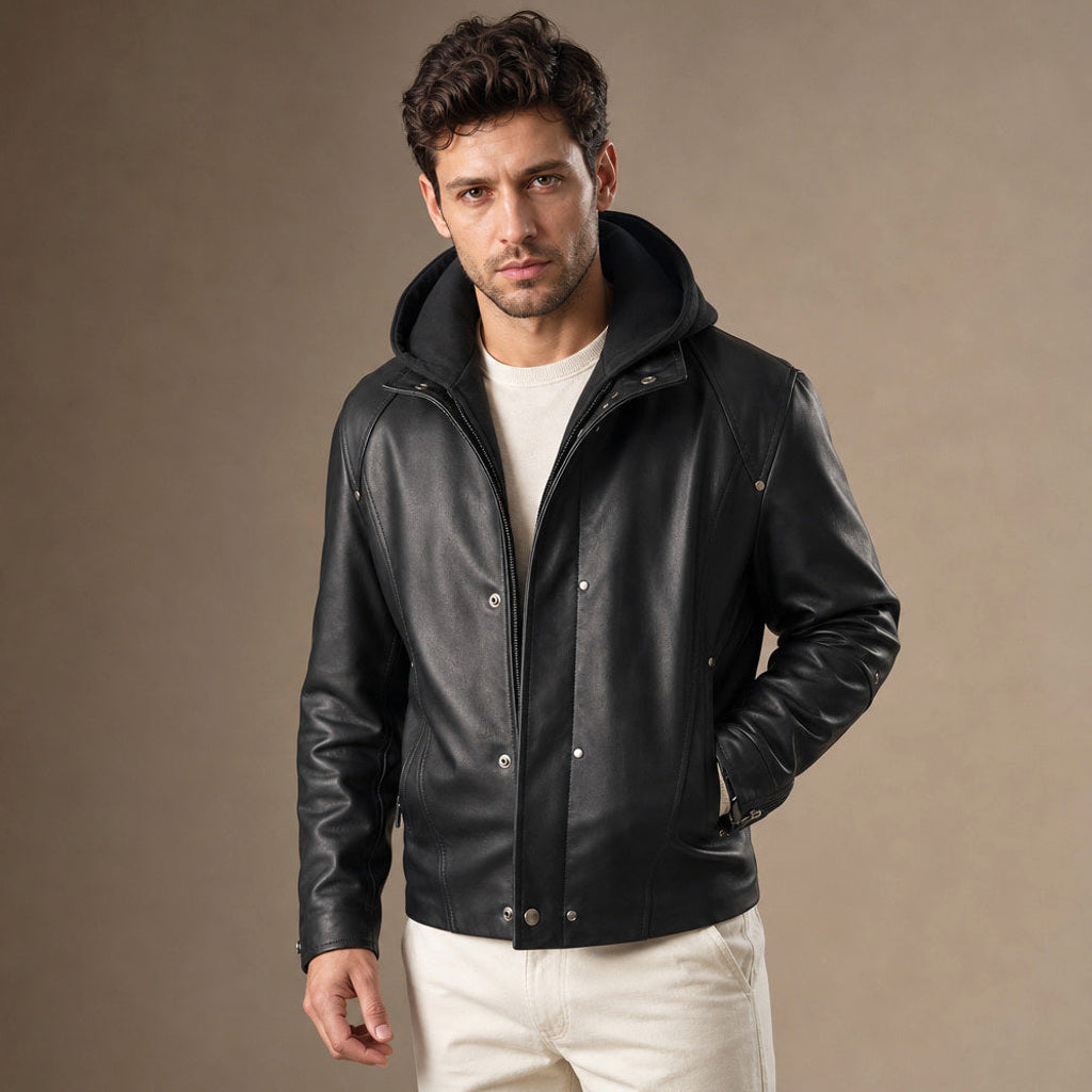 Schwarze Lederjacke mit abnehmbarer Kapuze in Vorderansicht