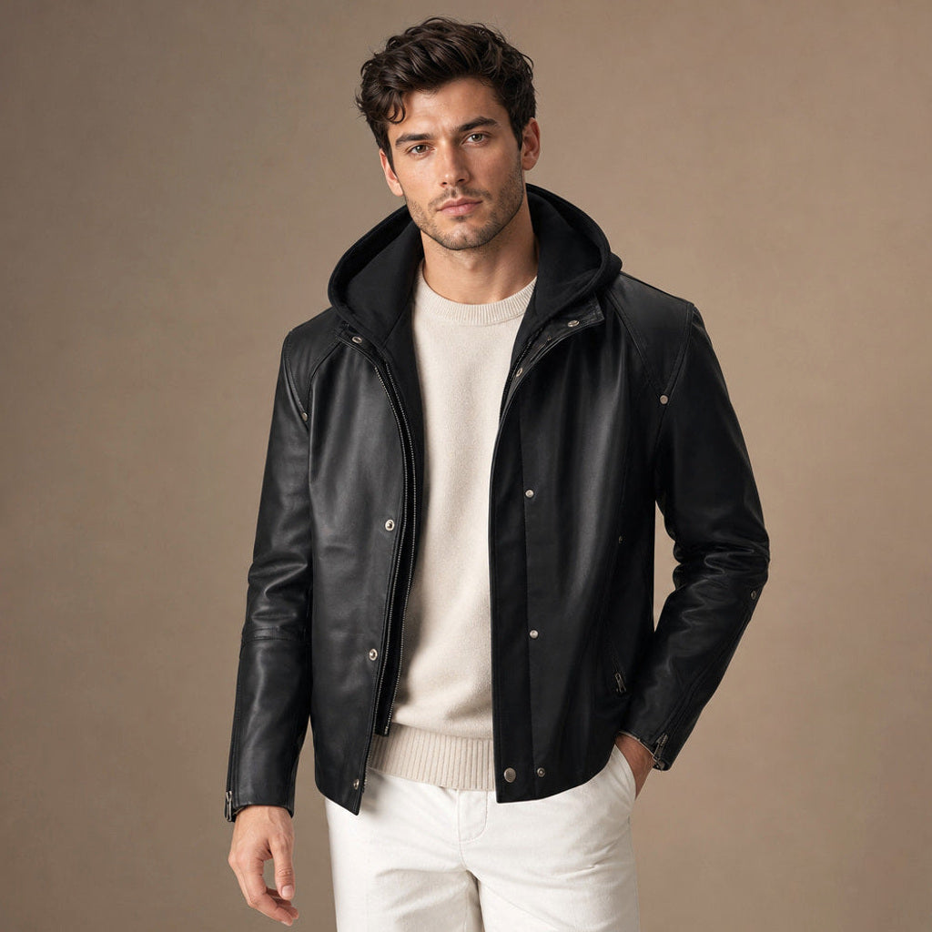 Mann trägt schwarze Lederjacke mit Kapuze und Reißverschlussbündchen