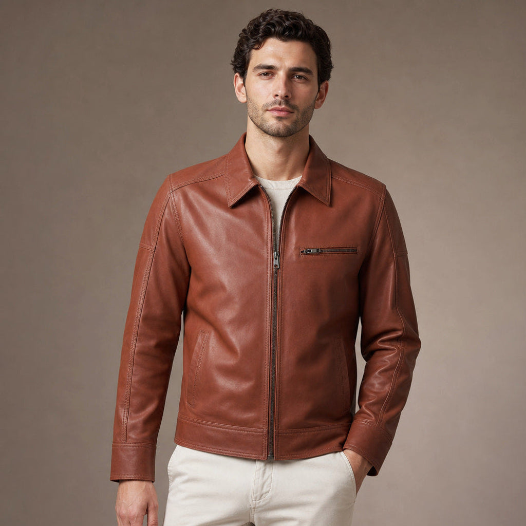Bikerjacke aus Lammleder in Cognacbraun mit Reißverschluss und flachem Polokragen