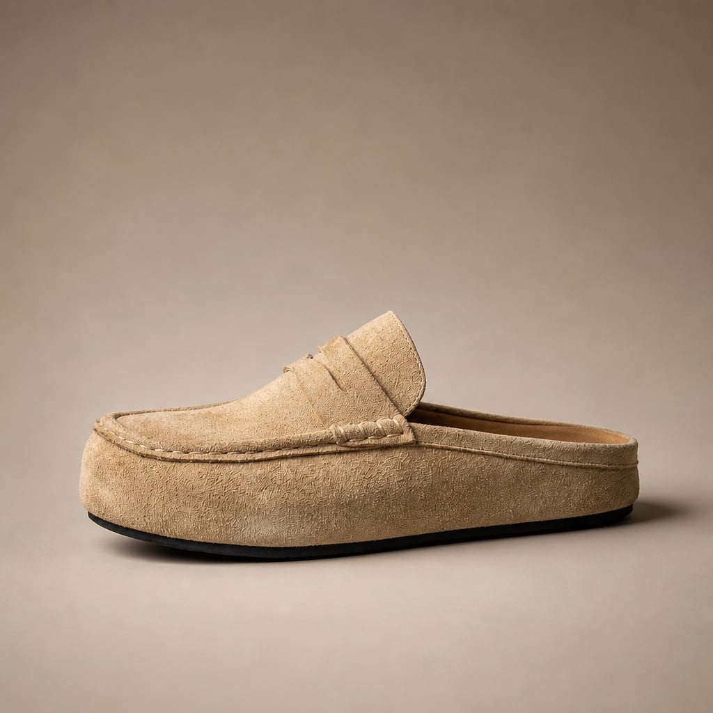 Beiger Penny-Loafer Mule mit Plateau-Sohle und Mokassinnaht — Frontansicht auf hellem Hintergrund