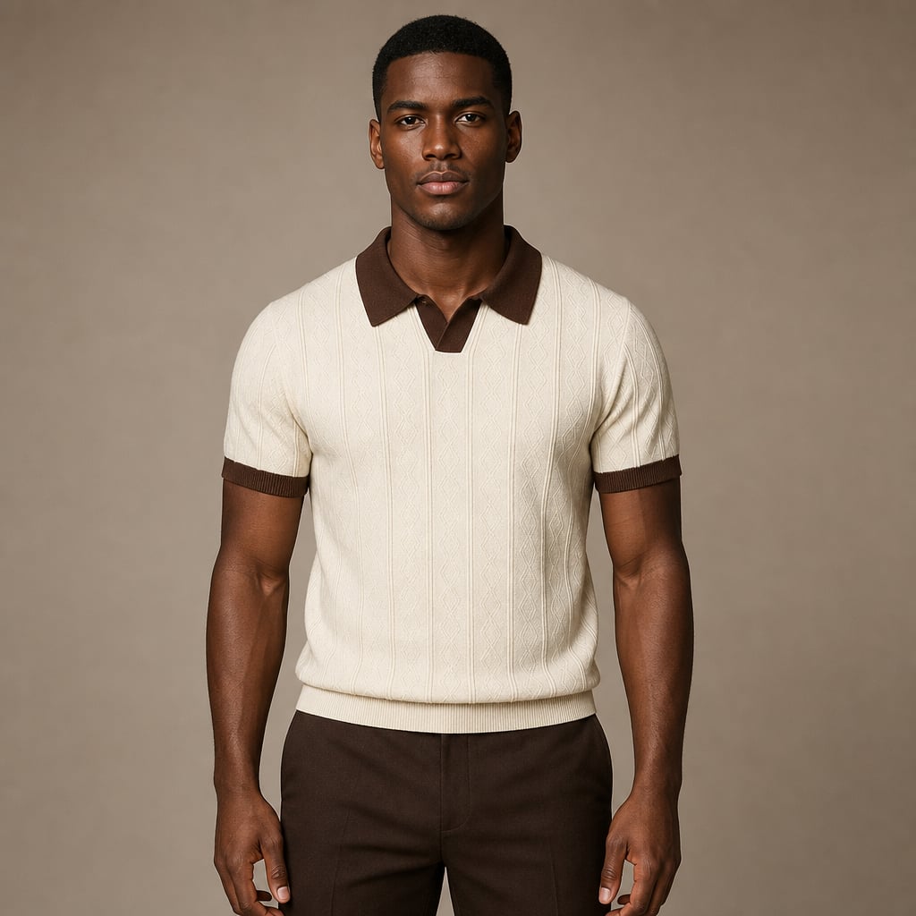 Poloshirt mit Kabelstrickmuster in Creme und braunem Kontrastband an Kragen und Ärmelbündchen, Frontansicht