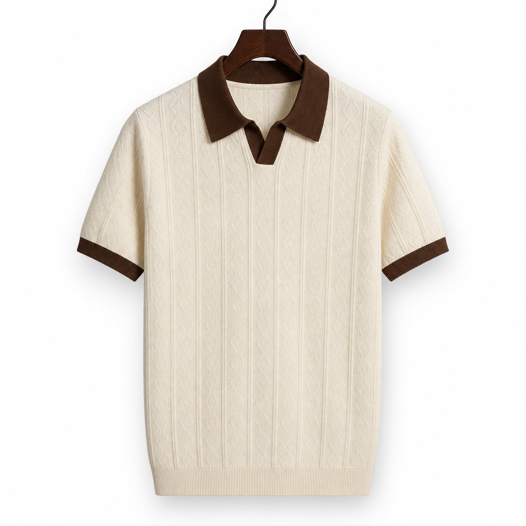 Mann trägt cremefarbenes Kabelstrick-Poloshirt mit braunem Kontrastsaum, Slim Fit, Kurzarm