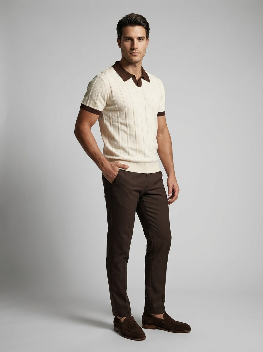 Poloshirt Kabelstrick Kontrastsaum Kurzarm Creme/Braun – Everton