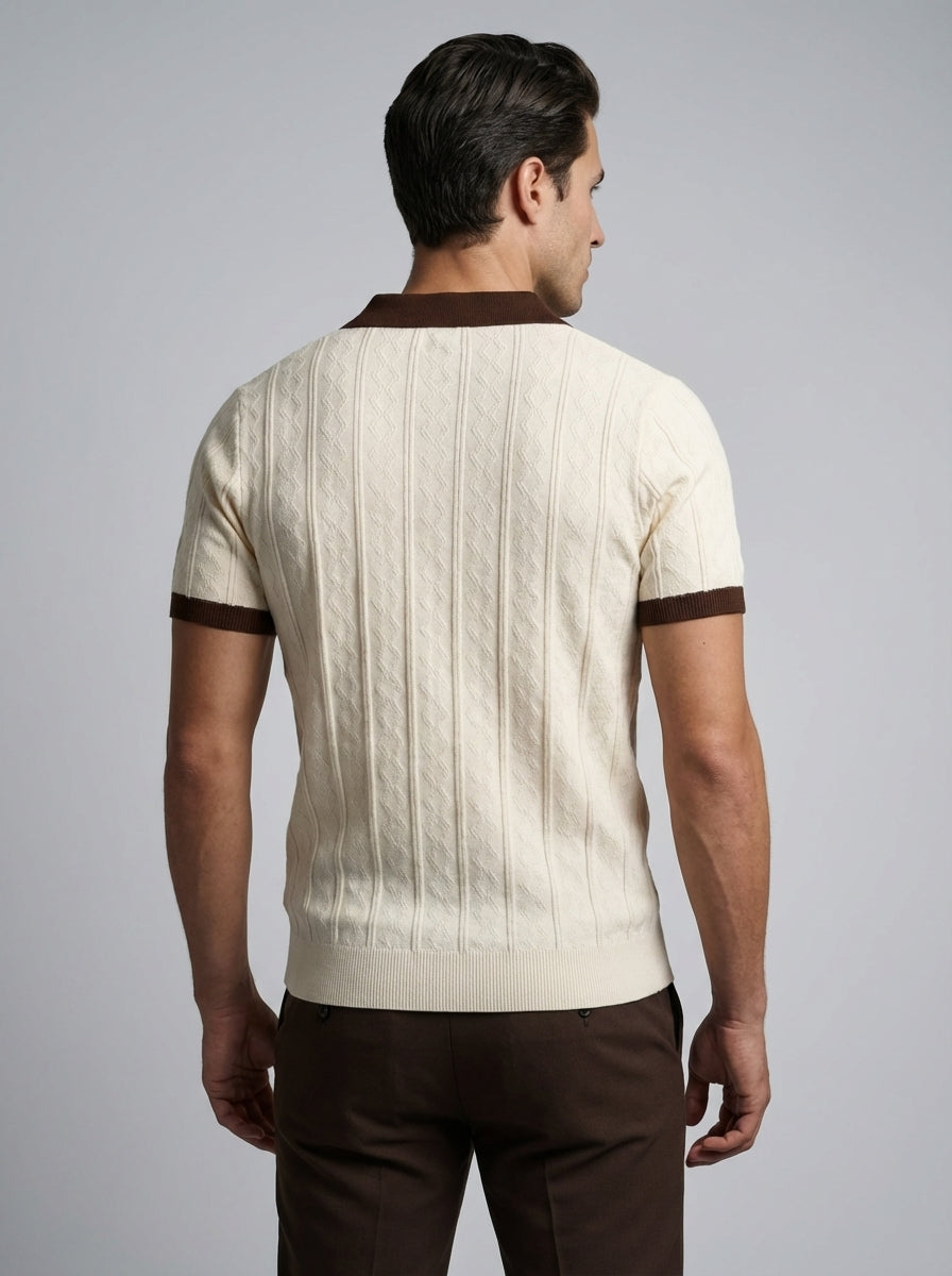 Poloshirt Kabelstrick Kontrastsaum Kurzarm Creme/Braun – Everton