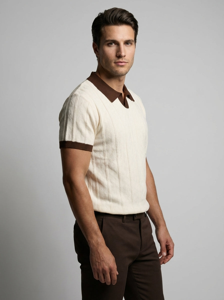 Poloshirt Kabelstrick Kontrastsaum Kurzarm Creme/Braun – Everton