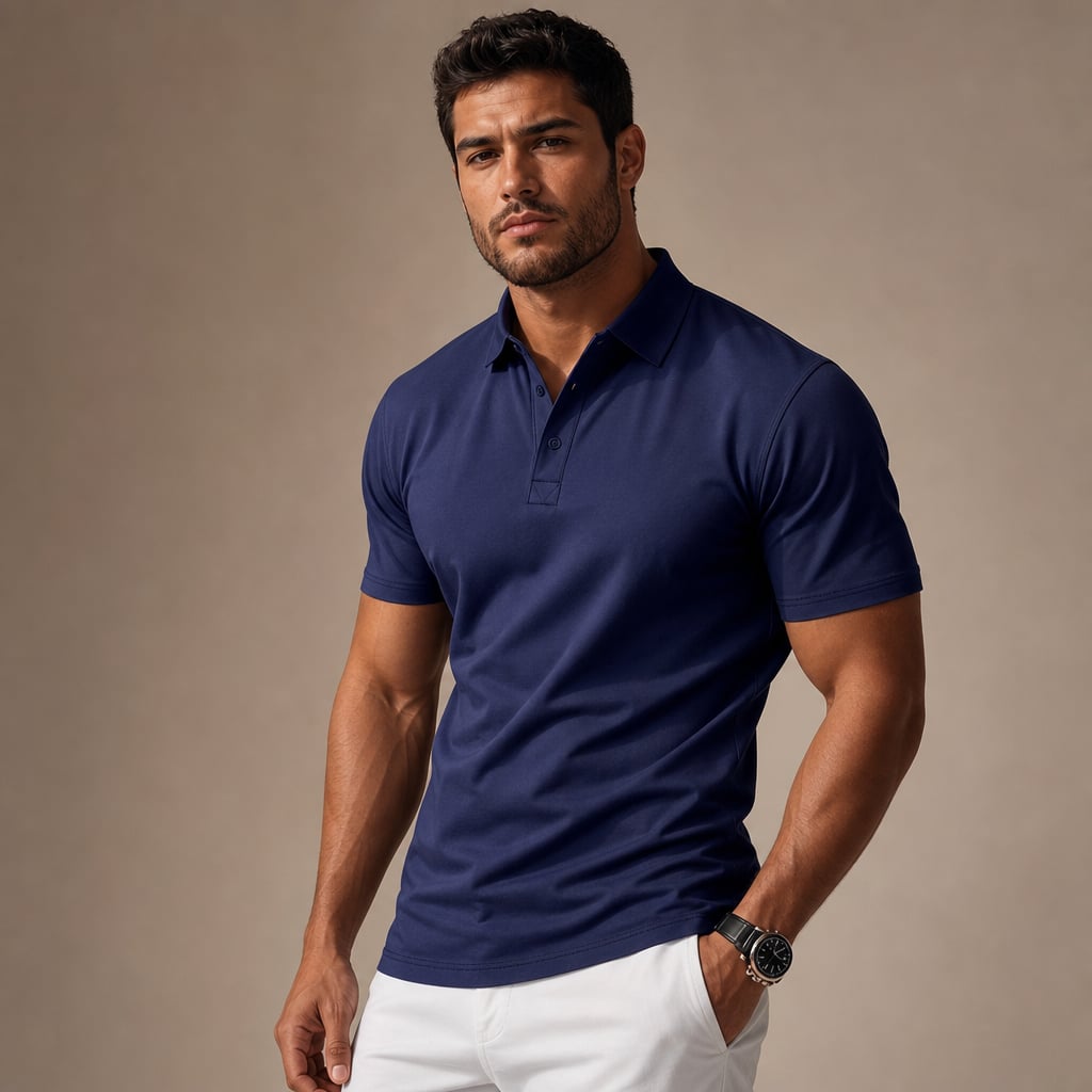 Blaues Piqué-Poloshirt mit strukturiertem Polokragen und Dreiknopf-Placket auf neutralem Hintergrund