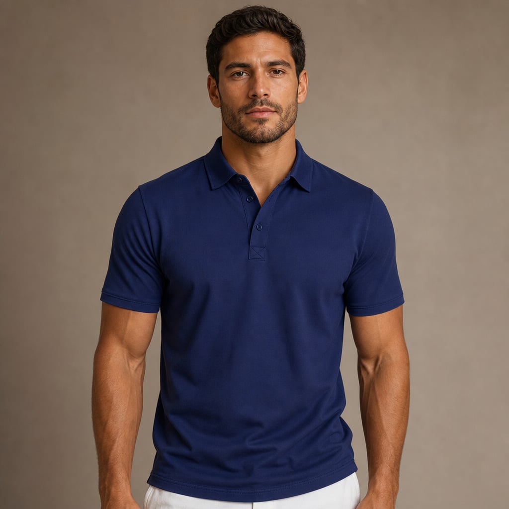 Mann trägt blaues Piqué-Poloshirt Blaze im Regular Fit, kombiniert mit dunkler Hose
