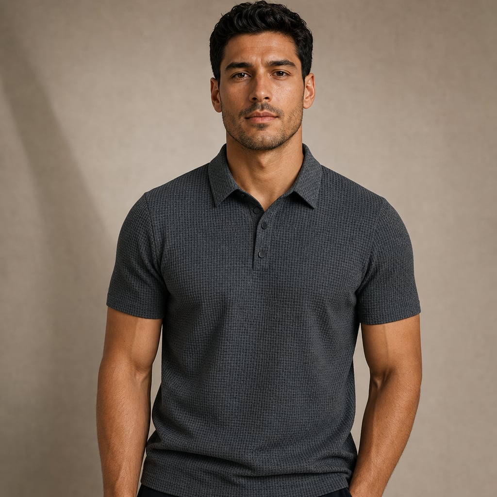 Mann trägt beiges Piqué-Poloshirt im Regular Fit, Frontalansicht mit sichtbarer Knopfleiste