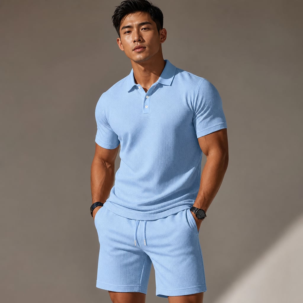 Poloshirt und Shorts Set in Schwarz und Hellblau von vorne — Polokragen mit Knopfleiste, mittlere Beinlänge