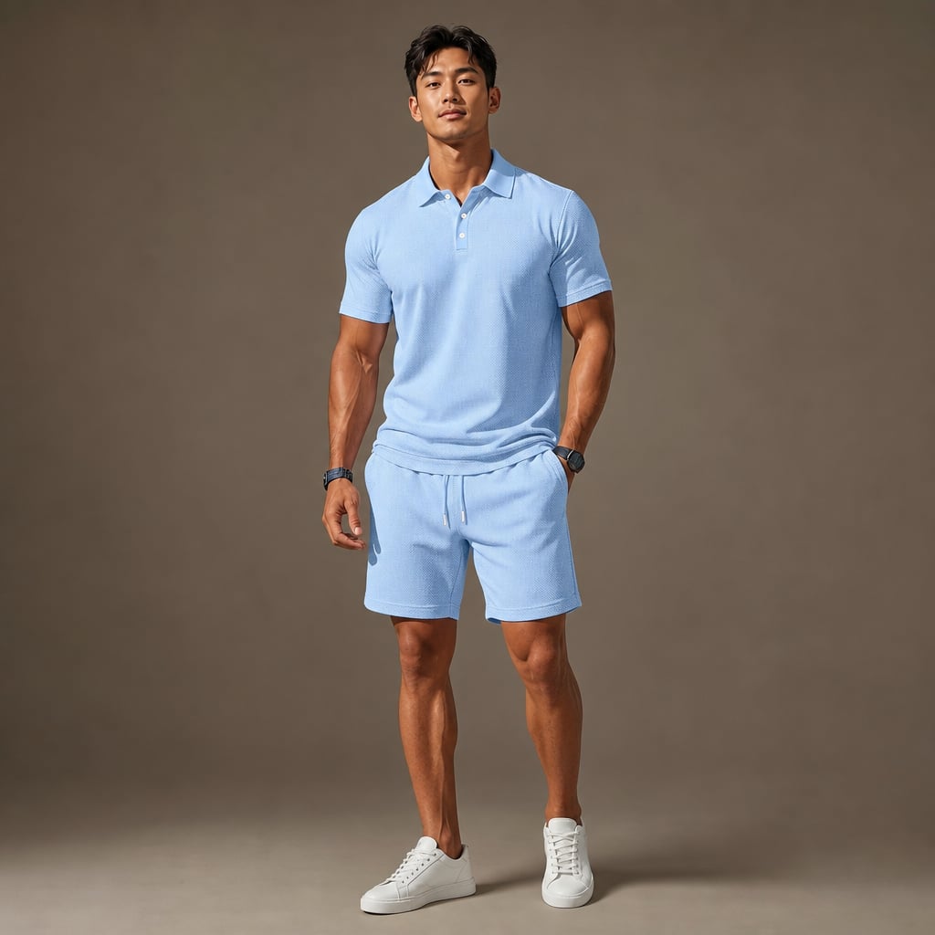 Mann trägt aufeinander abgestimmtes Poloshirt-Shorts-Set in Schwarz und Hellblau, lässige Sommerpräsentation