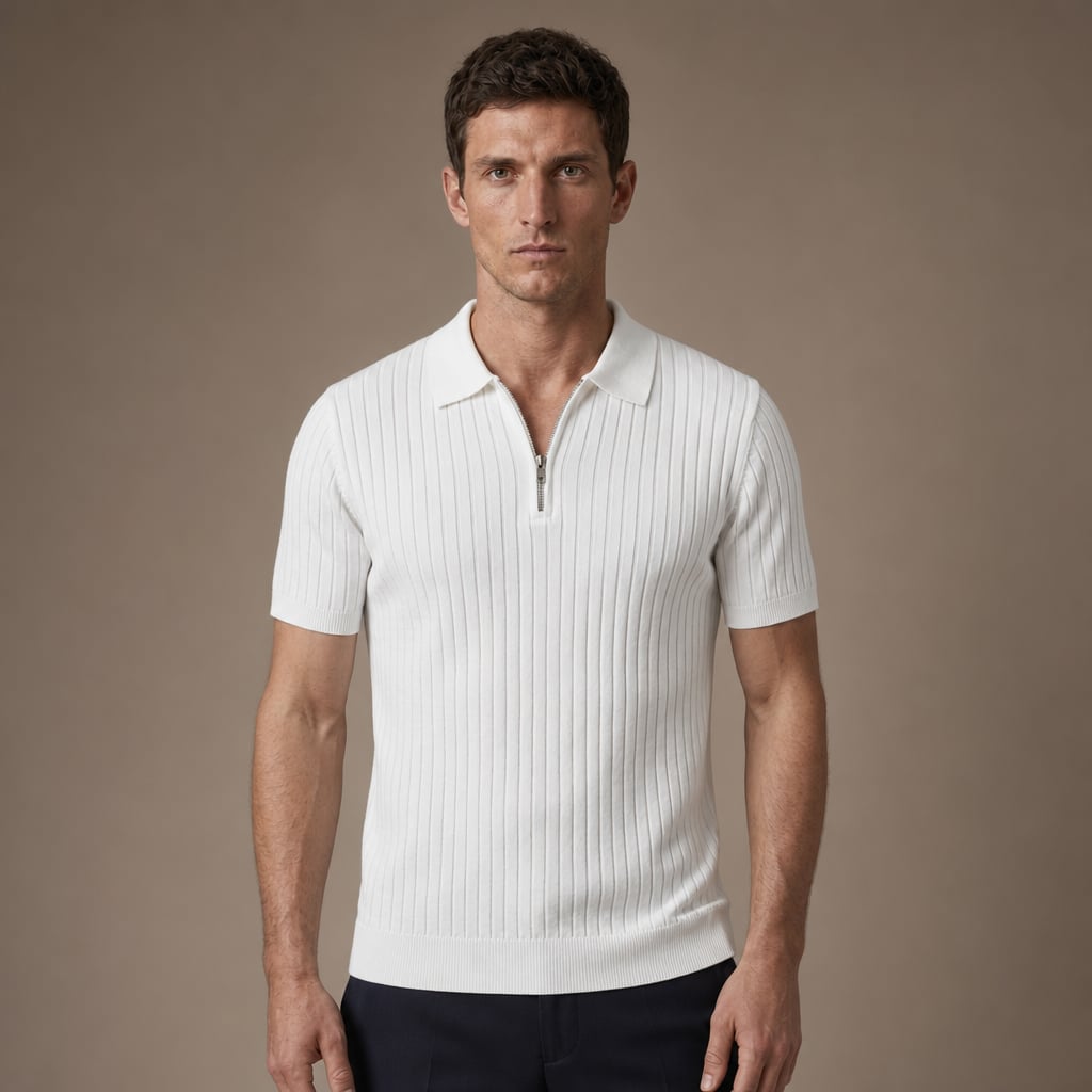 Weißes Strickpoloshirt mit feinem Horizontalstreifenmuster, Regular Fit, kurzärmelig, Frontalansicht