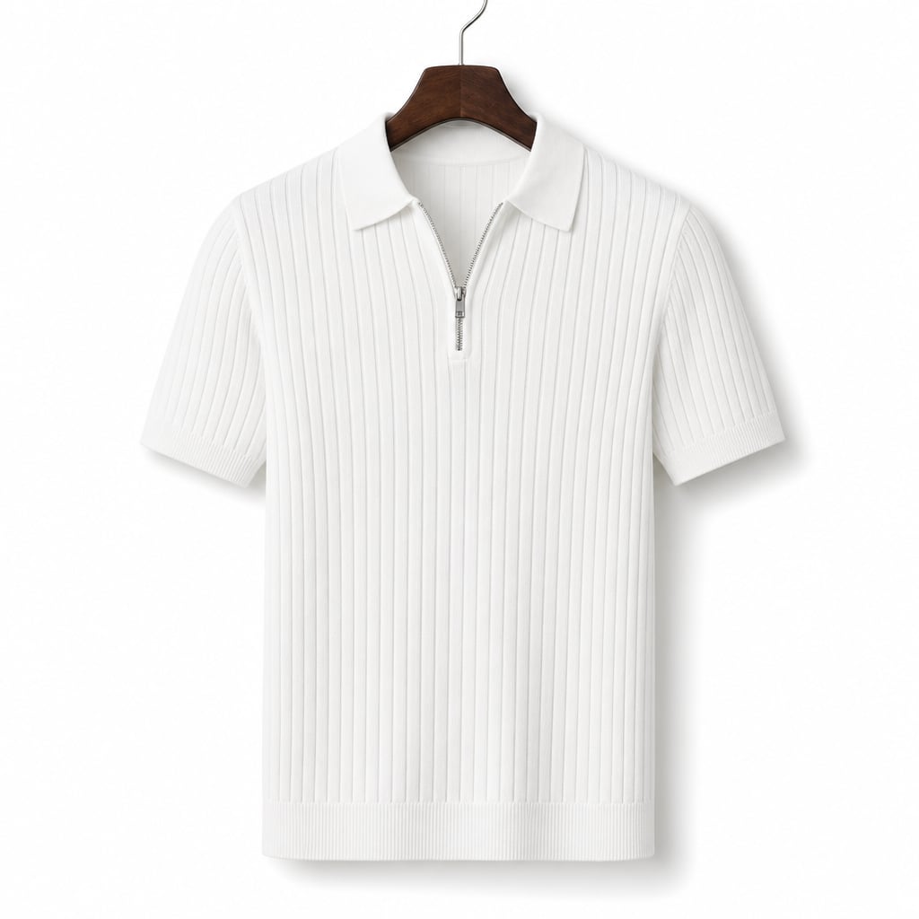 Mann trägt weißes Strickpoloshirt mit Horizontalstreifen, lässig kombiniert zu Chinohose
