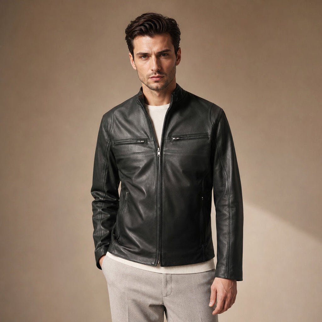 Schwarze Cafe-Racer-Lederjacke aus Schafleder mit Stehkragen und Reißverschlusstaschen