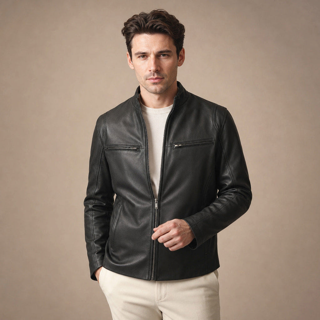 Mann trägt schwarze Cafe-Racer-Lederjacke mit geschlossenem Frontreißverschluss