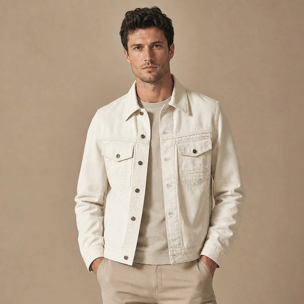 Truckerjacke aus gewaschenem Baumwoll-Canvas in Creme mit zwei Brusttaschen