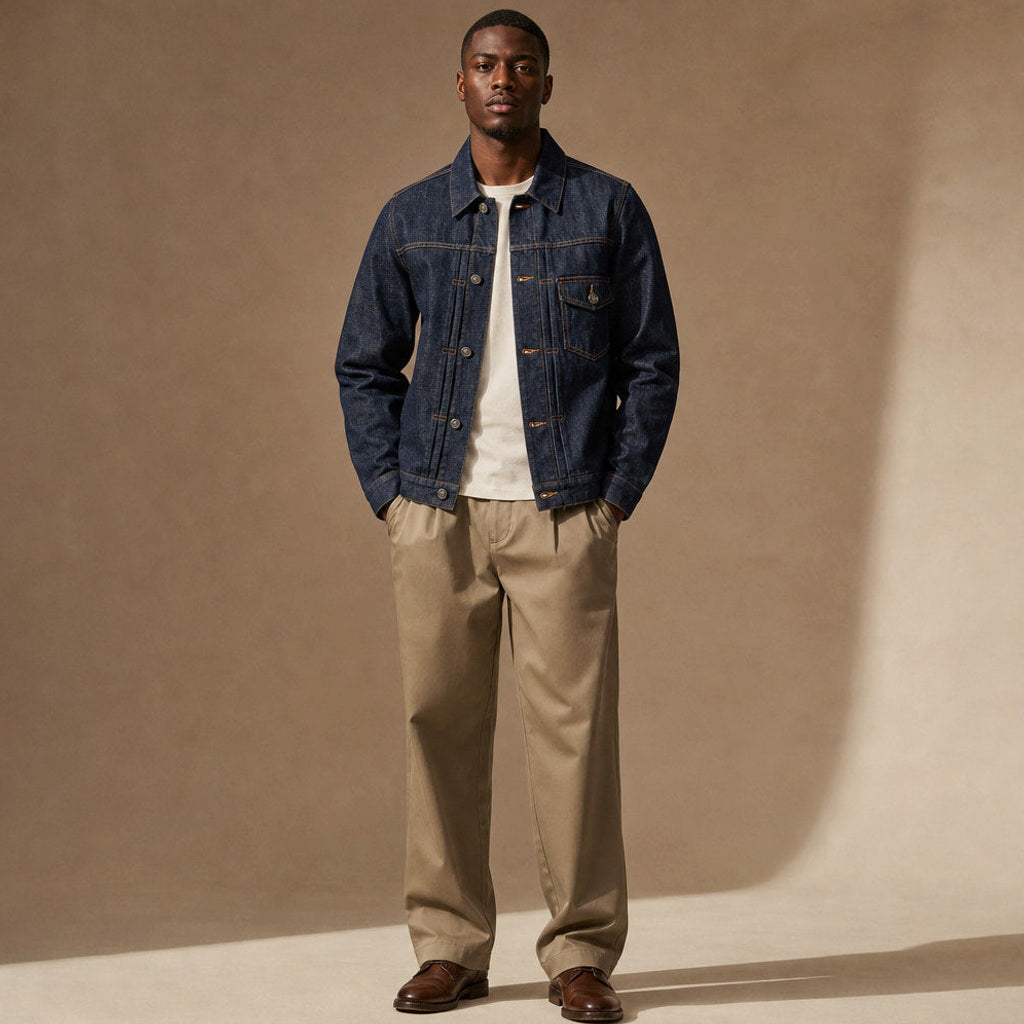 Mann trägt dunkelblaue Jeansjacke im Relaxed Fit über Strickpullover