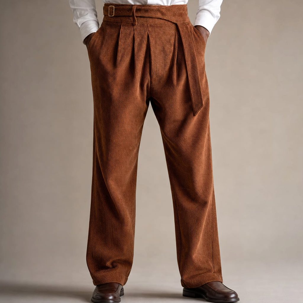 Mann trägt Altox Cord-Hose in Cognac Braun mit offenem Hemd, Business-Casual-Styling