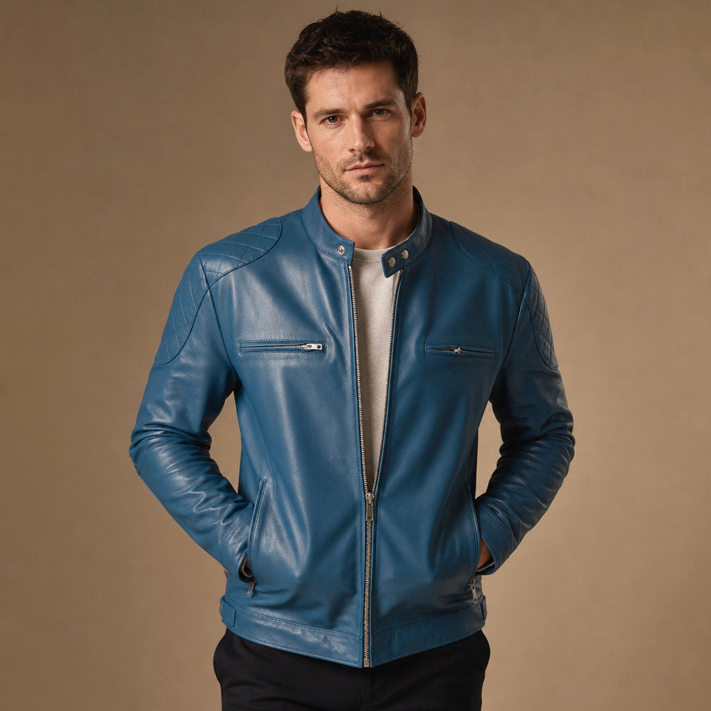 Petrolblaue Cafe-Racer-Lederjacke mit gesteppten Schultern und Stehkragen
