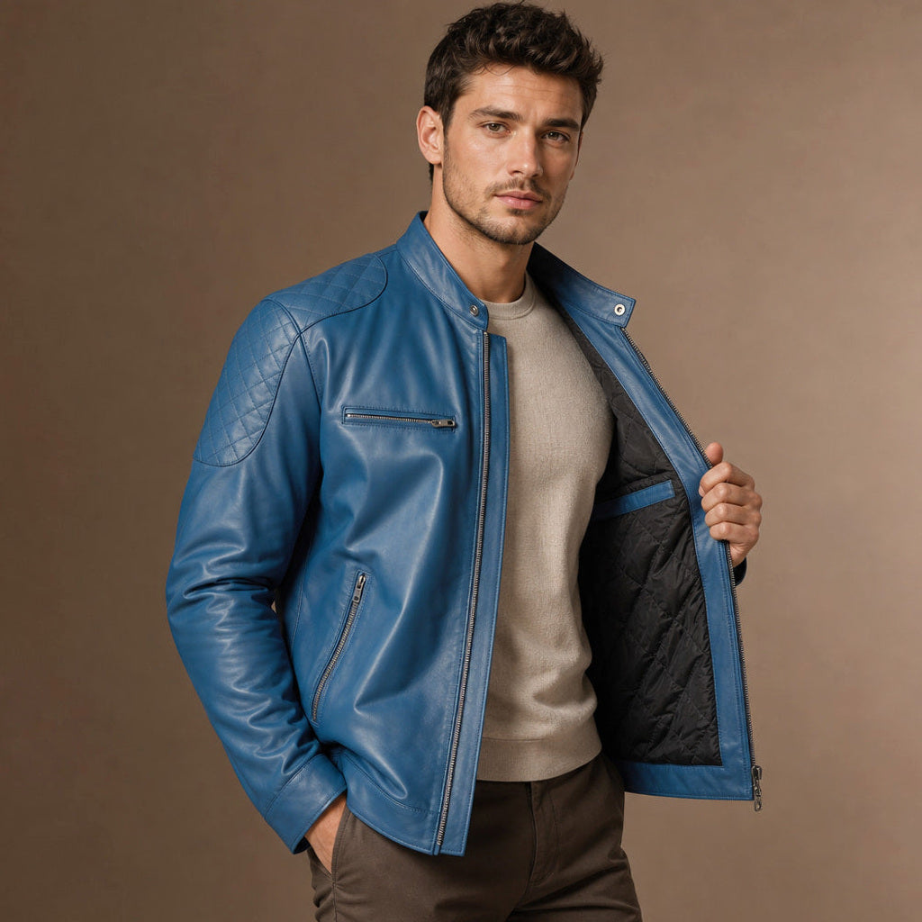 Reinmar | Lederjacke Cafe Racer Petrolblau