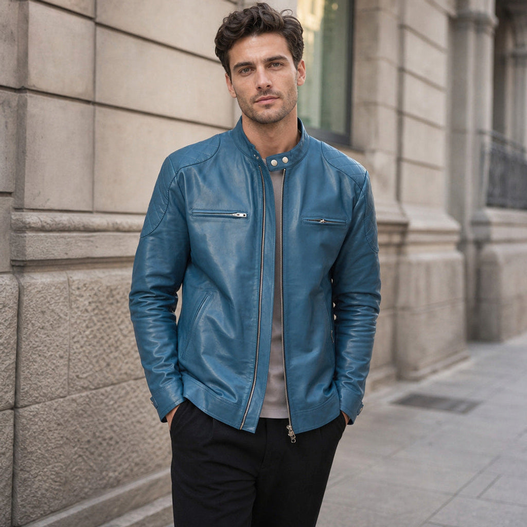 Reinmar | Lederjacke Cafe Racer Petrolblau