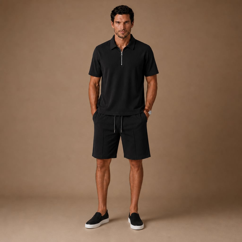 Geripptes Herren-Set in Schwarz — Poloshirt mit Viertelreißverschluss und passende Shorts, Frontansicht auf neutralem Hintergrund