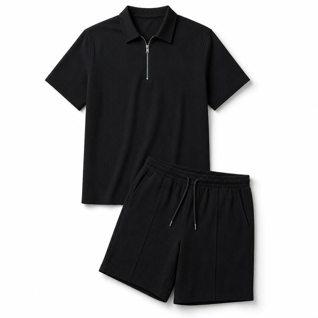 Mann trägt schwarzes Ripp-Poloshirt-Set mit Quarter-Zip und passender Shorts, entspannte Haltung, Tageslichtatmosphäre