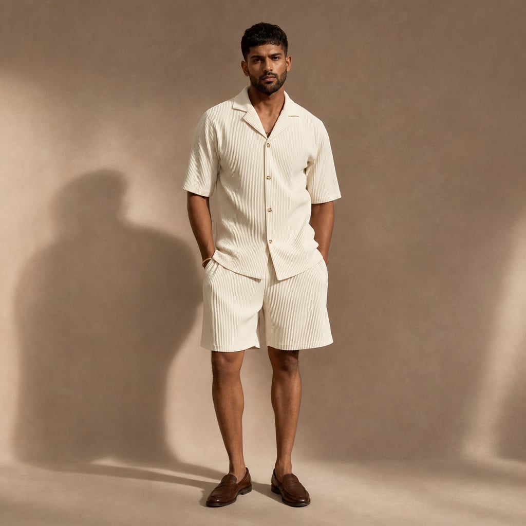 Rippstrick-Set aus Hemd und Shorts in Beige, Frontansicht auf hellem Hintergrund