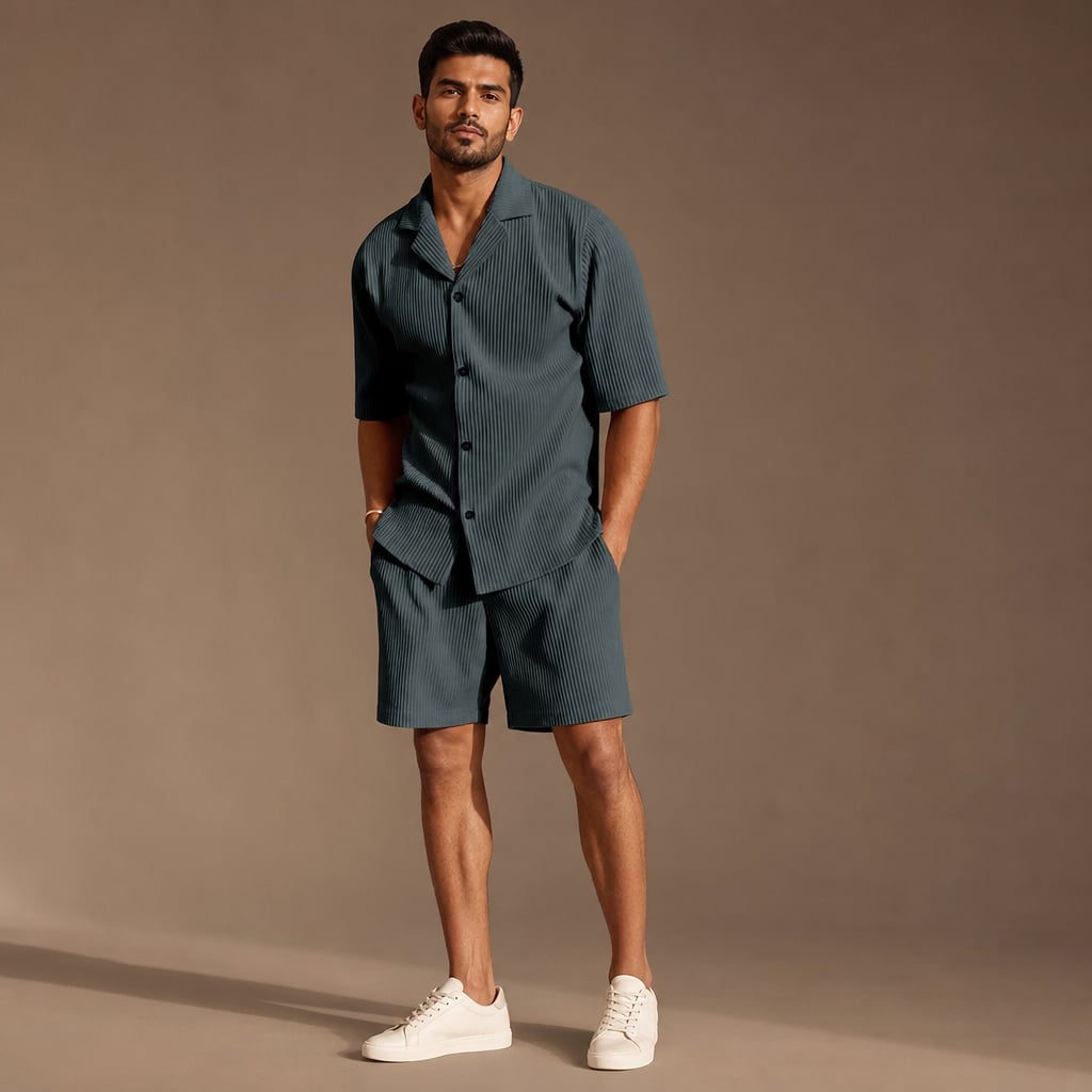 Rippstrick-Set Hemd & Shorts Regular Fit – Slate