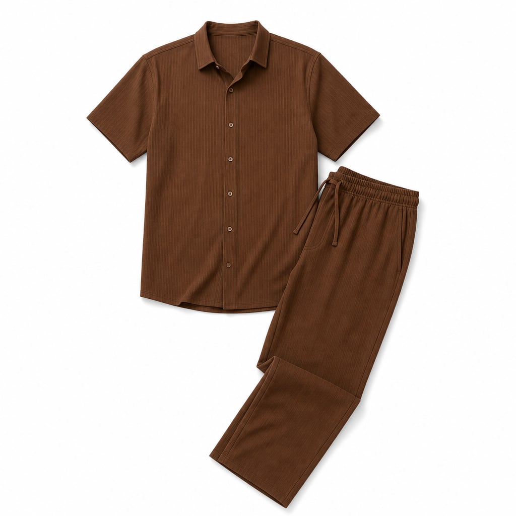 Mann trägt aufeinander abgestimmtes Rippstrick-Set aus Kurzarmhemd und Hose mit Kordelzug