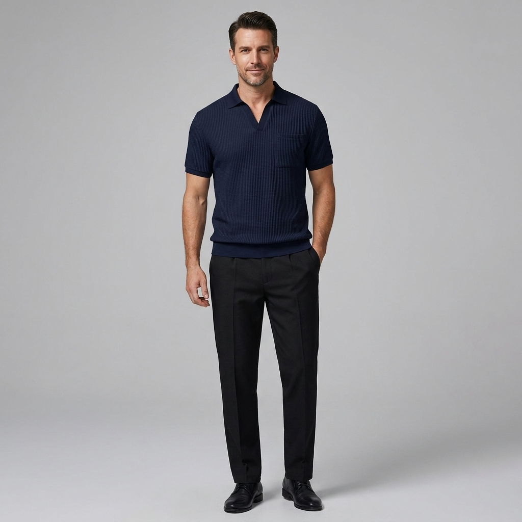 Zweiteiliges Waffelstrick-Set in Marineblau mit Poloshirt und Slim-Tapered-Hose vor grauem Hintergrund