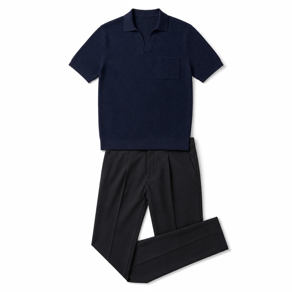 Mann trägt marineblaues Waffelstrick-Poloshirt-Set mit schmalem Hosenschnitt