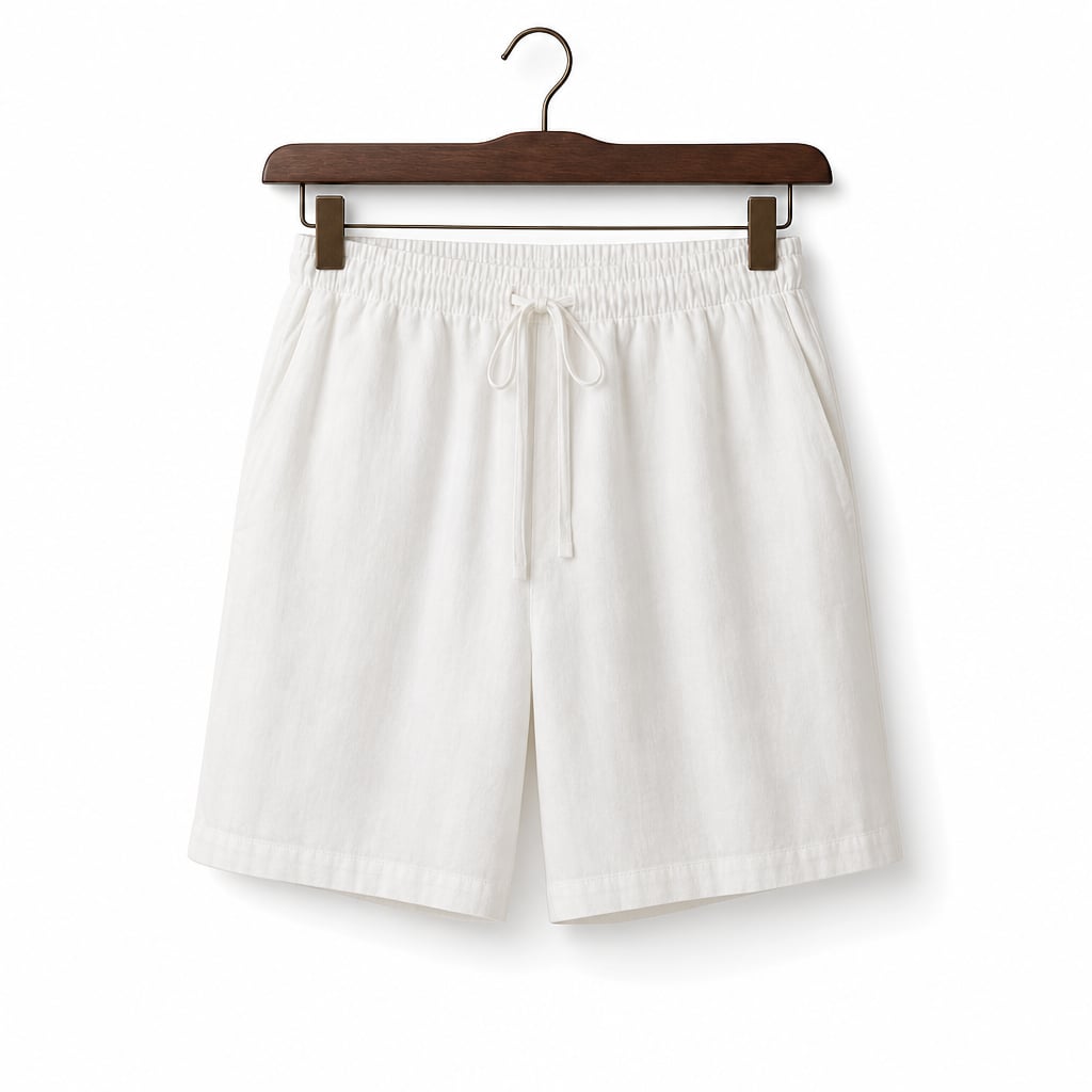 Mann trägt weiße Baumwoll-Leinen-Shorts mit entspanntem Schnitt, lässig kombiniert für einen Sommertag