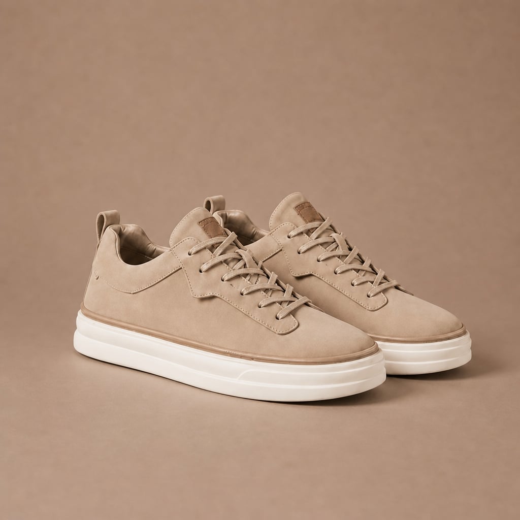 Slip-On-Sneaker in Beige mit Wildleder-Optik und flacher Sohle — Frontansicht