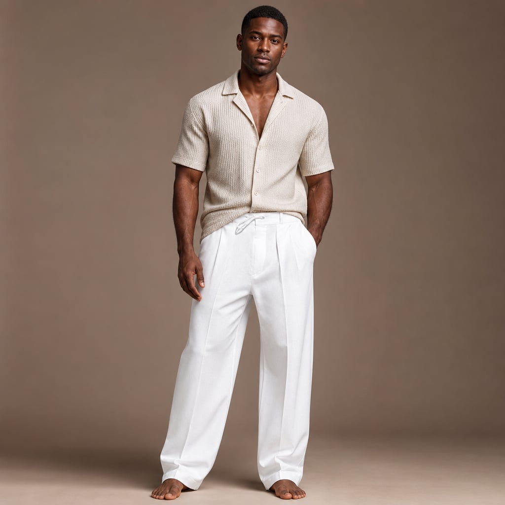 Mann trägt weiße Relaxed-Fit-Strandhose mit Kordelzug, kombiniert mit einem einfachen weißen Oberteil, lässige Sommerstimmung