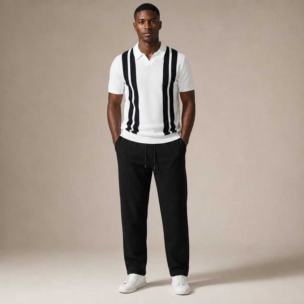 Zweiteiliges Strick-Polo und Waffel-Hose Set in Weiß mit Kordelzug und Streifenmuster – Vaxo