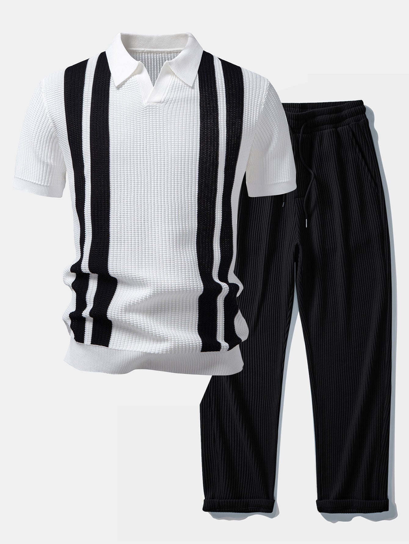 Strick-Polo & Waffel-Hose Set Gestreift – Vaxo