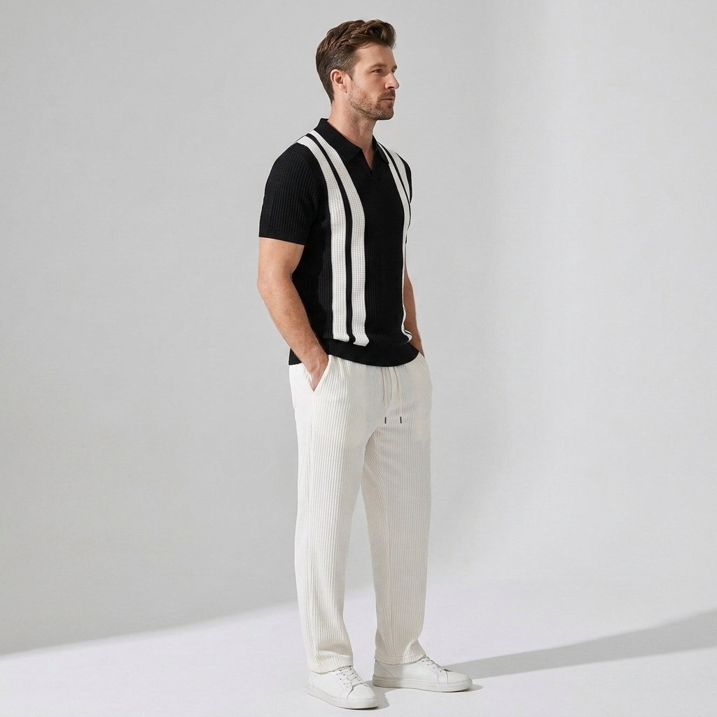 Strick-Polo & Waffel-Hose Set Gestreift – Vaxo