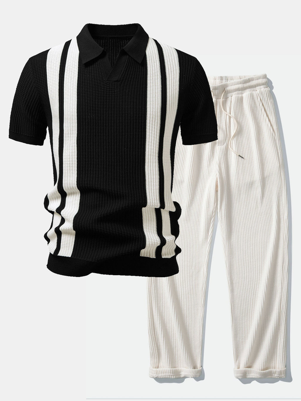 Strick-Polo & Waffel-Hose Set Gestreift – Vaxo