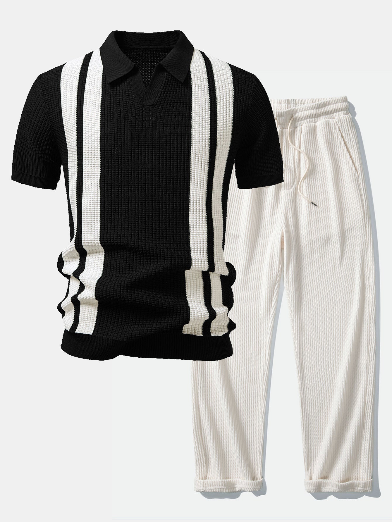 Strick-Polo & Waffel-Hose Set Gestreift – Vaxo