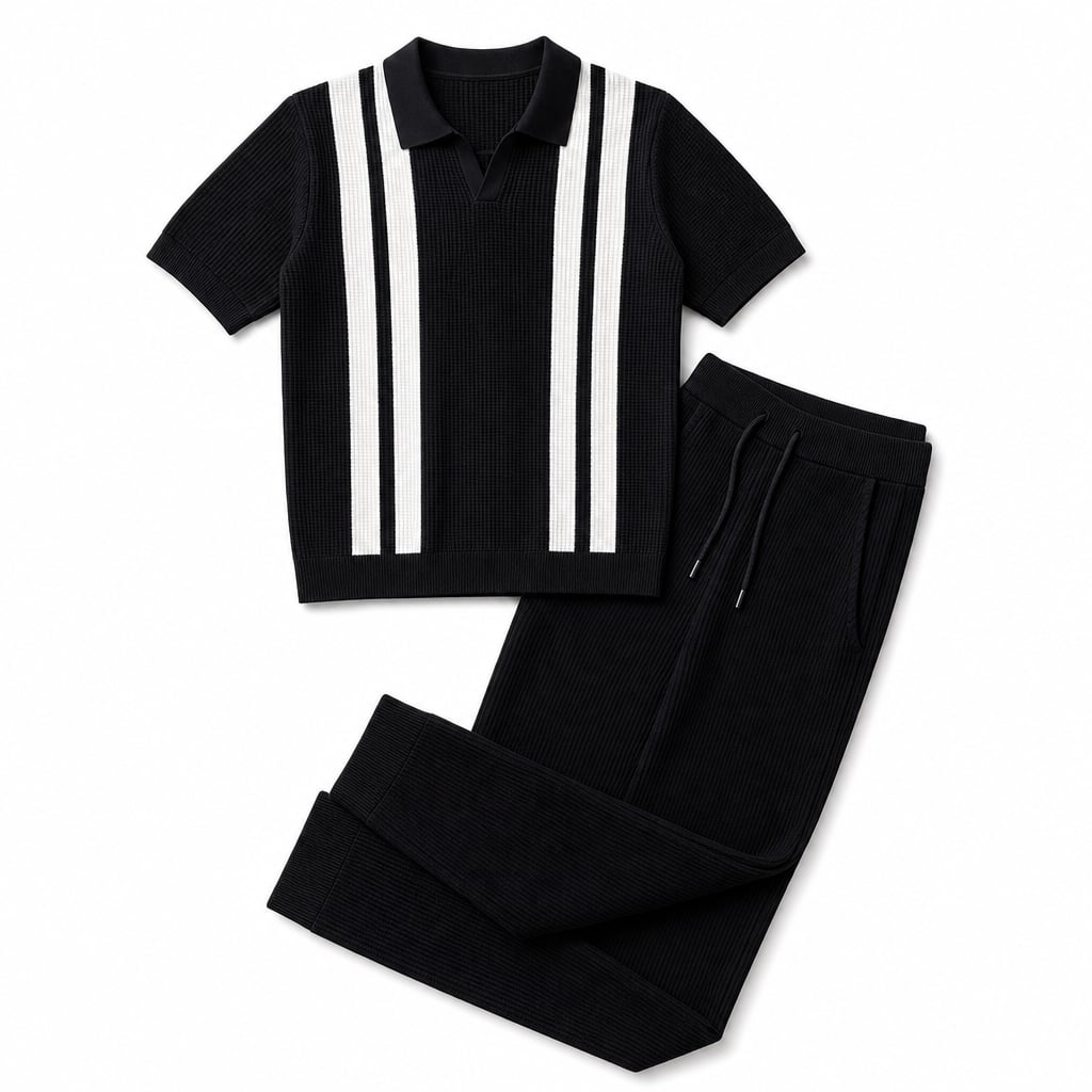 Strick-Polo & Waffel-Hose Set Gestreift – Vaxo