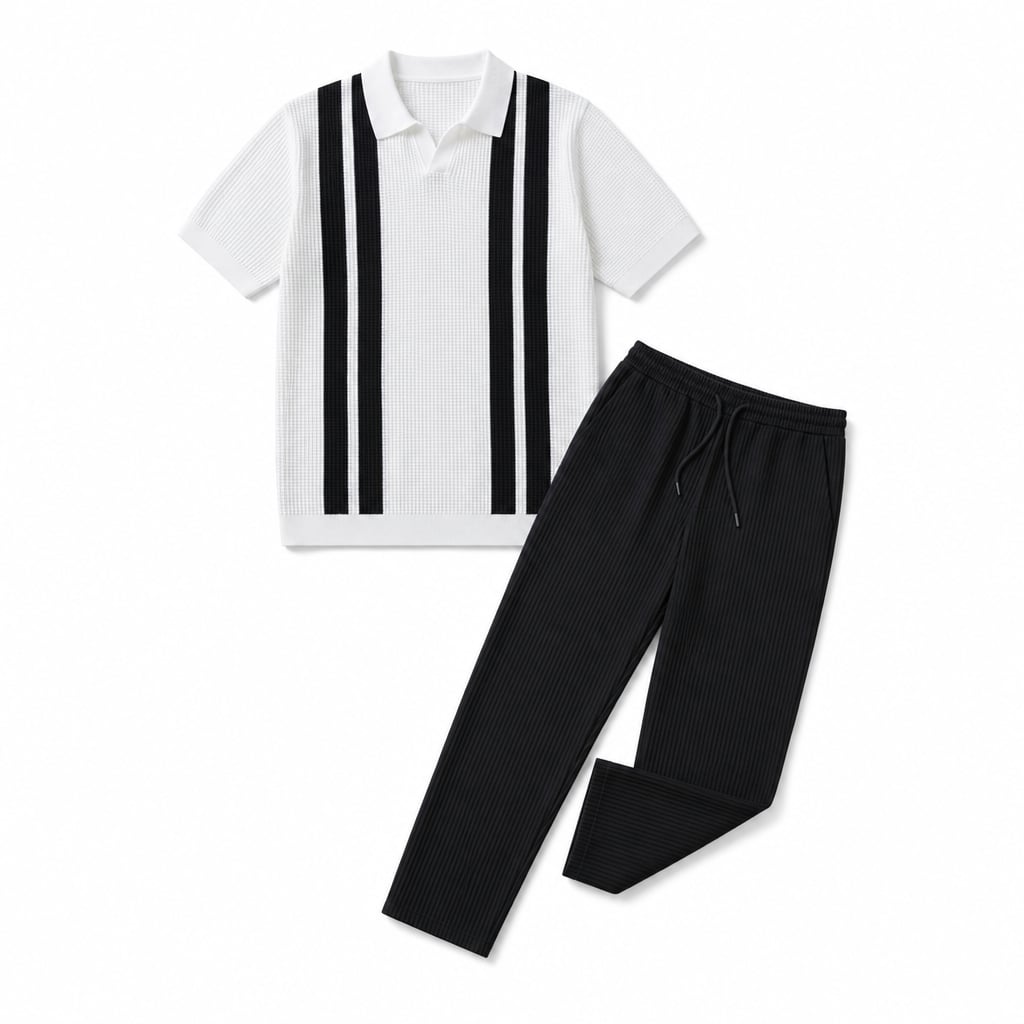 Strick-Polo & Waffel-Hose Set Gestreift – Vaxo