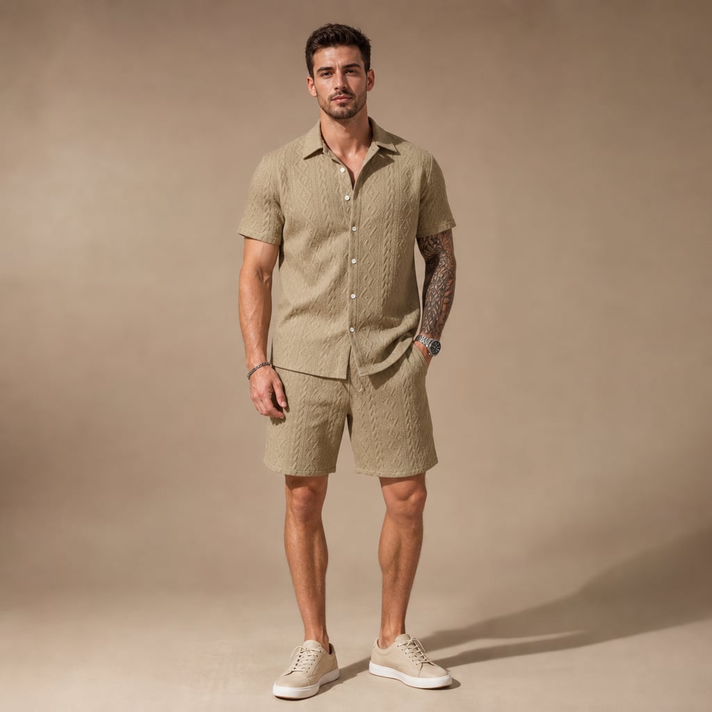 Zweiteiliges Strick-Set in Khaki mit Camp Collar Hemd und Shorts — Frontansicht